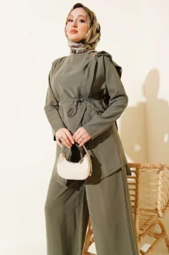 Alternative view of Asymmetrical Cut Brooched Tencel Two-Piece Set Khaki