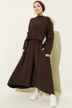 Alternative view of Asymmetrical Cut Striped Skirt Set Brown