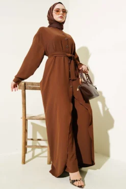 Asymmetric Cut Long Tunic Two-Piece Set Brown