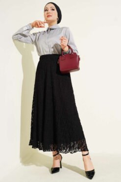Lined Lace Skirt Black Großhandel skirt view 2 - Hicabistan Türkei Fabrik