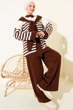 Alternative view of Striped Knit Two-Piece Set with Scarf Detail Brown
