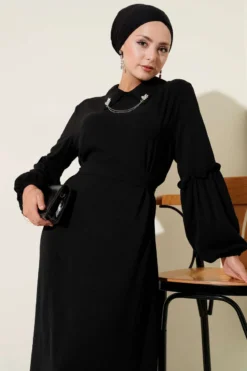 Gathered Sleeve Dress Black wholesale dress view 2 - Hicabistan Turkey factory