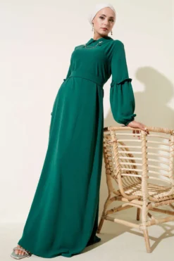 Gathered Sleeve Dress Emerald wholesale dress view 2 - Hicabistan Turkey factory