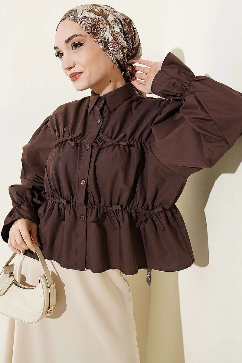 Gathered Bow Short Shirt Brown