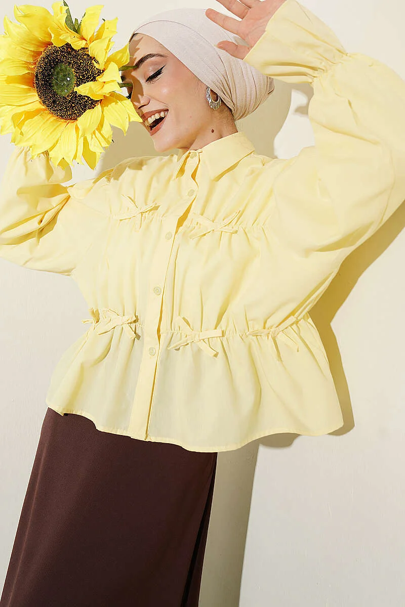 Gathered Bow Short Shirt Yellow wholesale shirt - Hicabistan Turkey factory