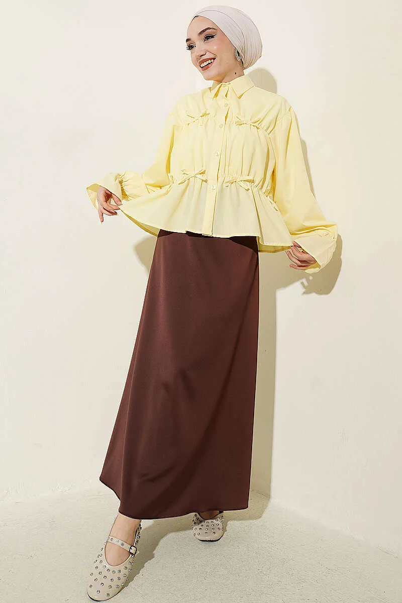 Gathered Bow Short Shirt Yellow wholesale shirt view 2 - Hicabistan Turkey factory