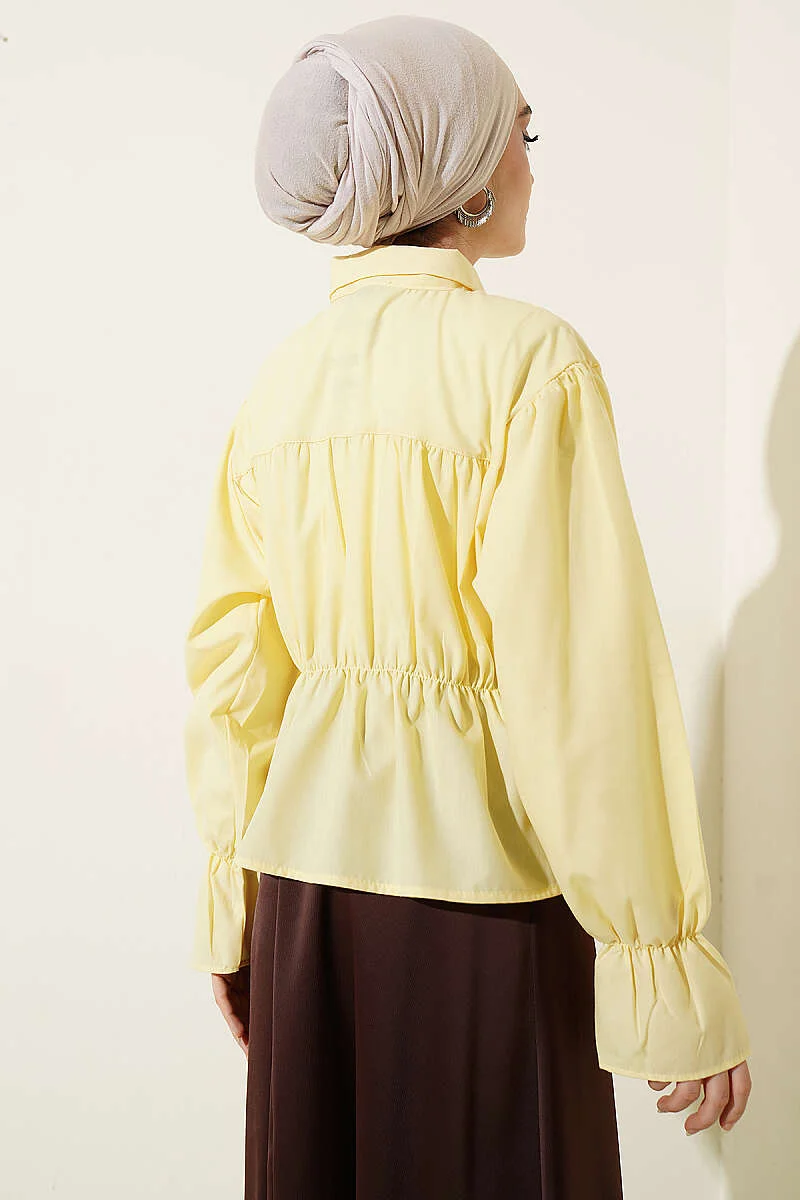Gathered Bow Short Shirt Yellow wholesale shirt view 3 - Hicabistan Turkey factory