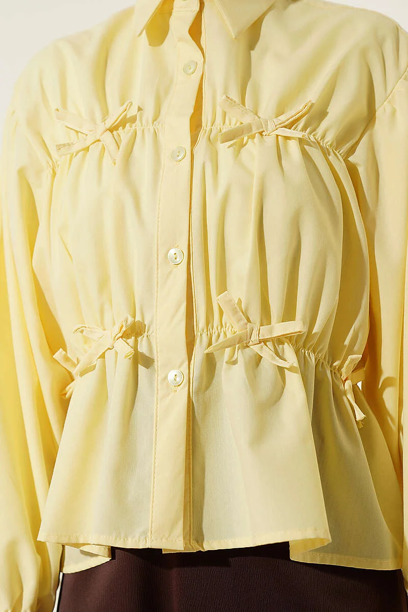 Gathered Bow Short Shirt Yellow wholesale shirt view 4 - Hicabistan Turkey factory