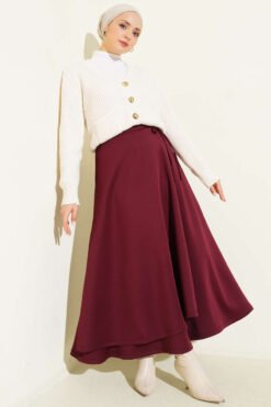 Tie Detail Scuba Skirt Burgundy بالجملة skirt view 2 - Hicabistan مصنع تركيا