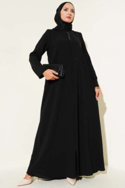 Diamond Pattern Stone-Embellished Zippered Ferace Black
