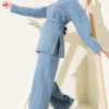 Fisherman Neck Ribbed Belted Two-Piece Set Blue wholesale clothing set view 2 - Hicabistan Turkey factory