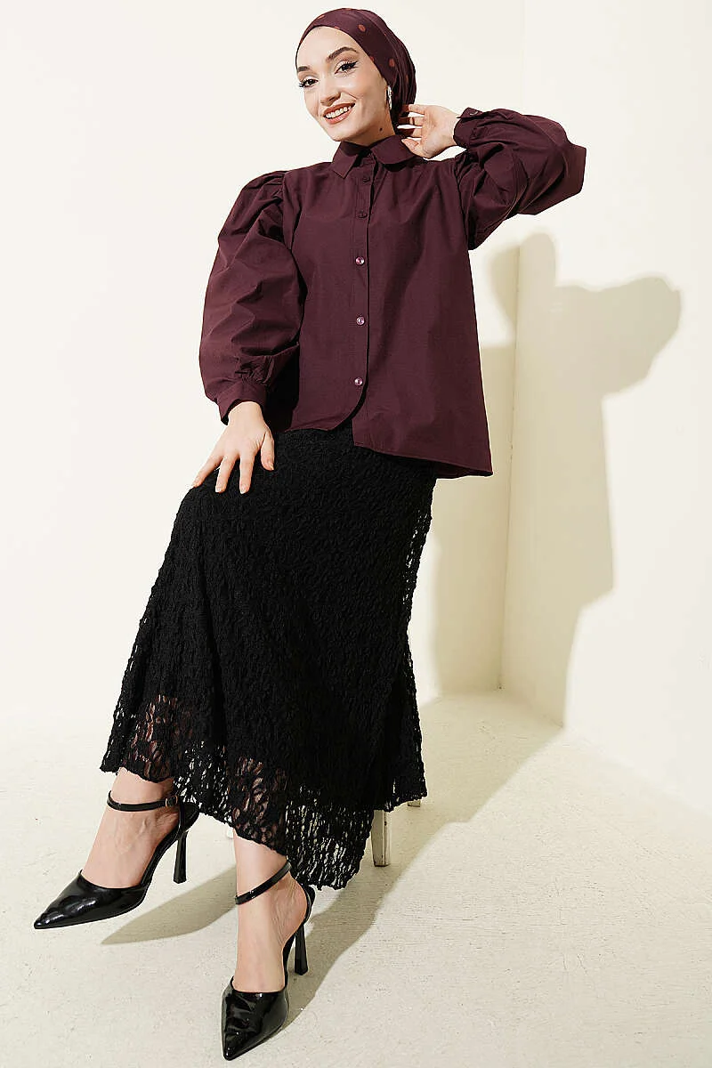 Balloon Sleeve Basic Short Shirt Plum – Image 2