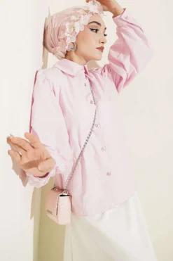 Balloon Sleeve Basic Short Shirt Pink