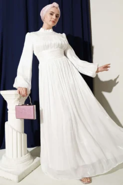 Balloon Sleeve Draped Waist Evening Dress White