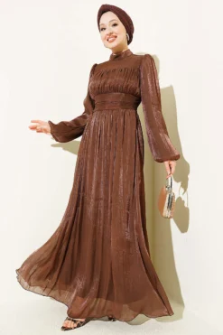 Balloon Sleeve Draped Waist Evening Dress Brown