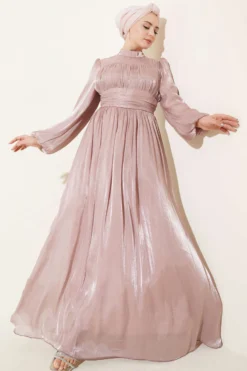 Balloon Sleeve Draped Waist Evening Dress Powder Pink