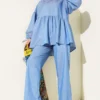 Balloon Sleeve Ruffled Parachute Two-Piece Set Blue wholesale clothing set view 2 - Hicabistan Turkey factory