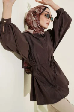 Balloon Sleeve Hidden Button Parachute Shirt Brown wholesale shirt - Hicabistan Turkey factory