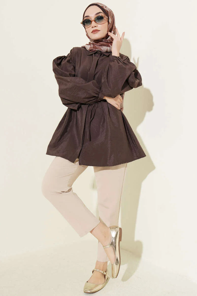 Balloon Sleeve Hidden Button Parachute Shirt Brown Großhandel shirt view 2 - Hicabistan Türkei Fabrik