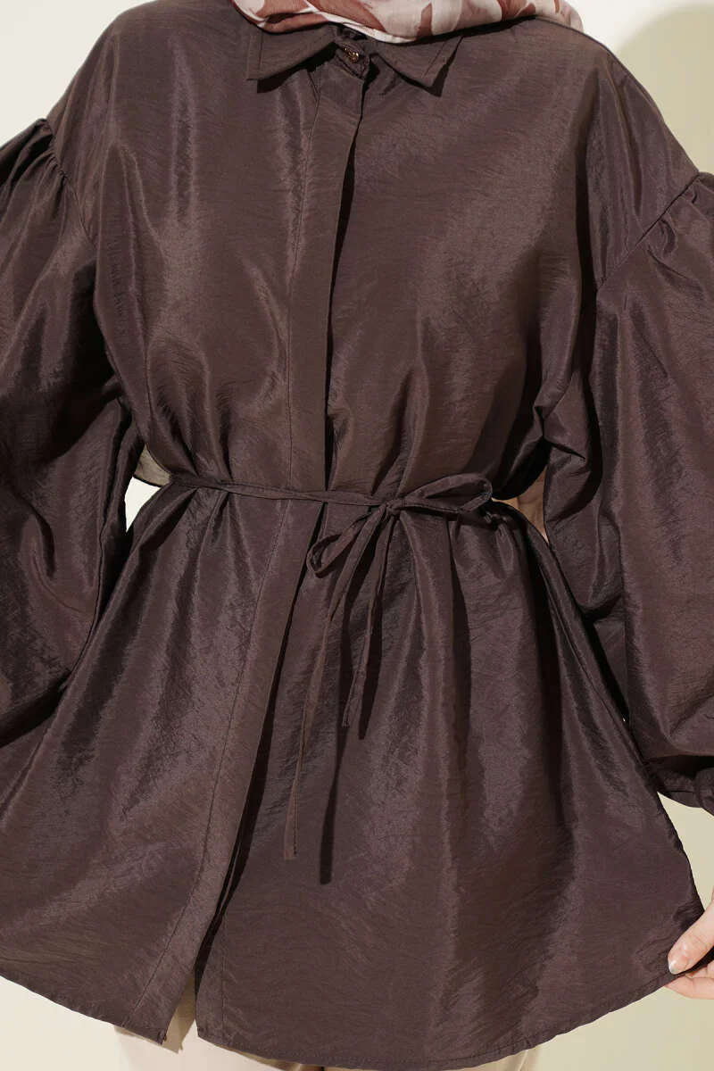 Balloon Sleeve Hidden Button Parachute Shirt Brown Großhandel shirt view 4 - Hicabistan Türkei Fabrik
