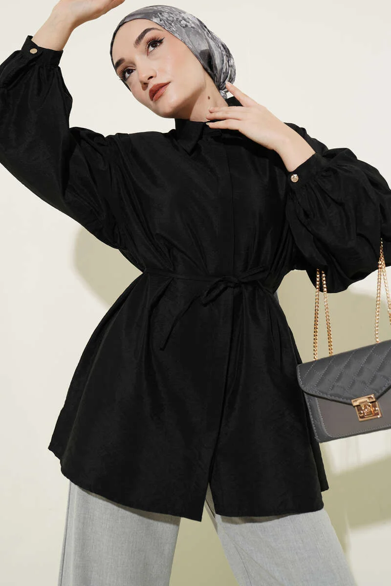 Balloon Sleeve Hidden Button Parachute Shirt Black al por mayor shirt - Hicabistan fábrica Turquía