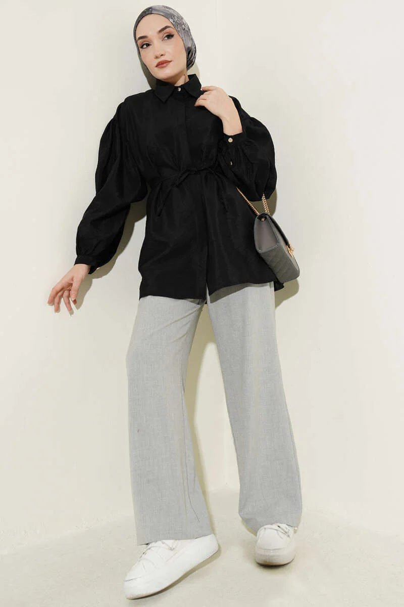 Balloon Sleeve Hidden Button Parachute Shirt Black al por mayor shirt view 2 - Hicabistan fábrica Turquía