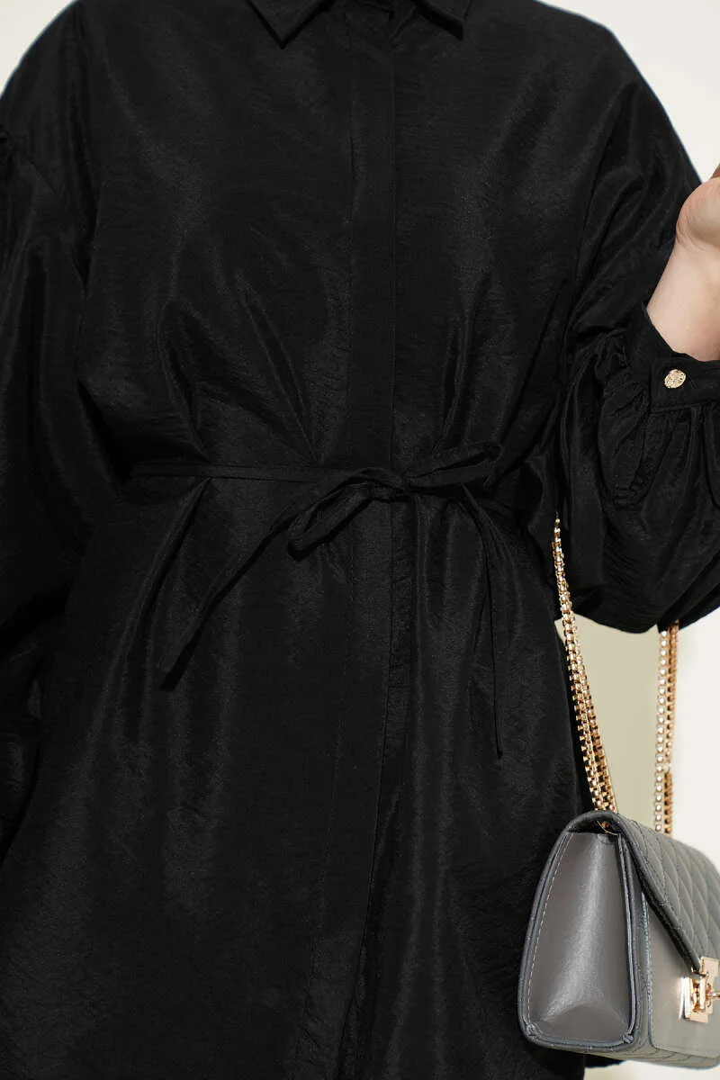 Balloon Sleeve Hidden Button Parachute Shirt Black al por mayor shirt view 4 - Hicabistan fábrica Turquía