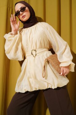Balloon Sleeve Tunic with Gold Buckle Beige