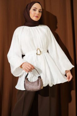 Balloon Sleeve Tunic with Gold Buckle Ecru