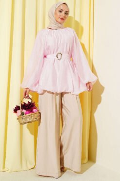 منظر بديل لـ Balloon Sleeve Tunic with Gold Buckle Pink