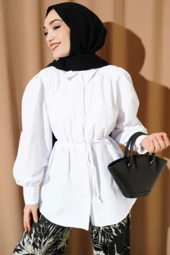 Balloon Sleeve Tie Detail Tunic White Großhandel tunic - Hicabistan Türkei Fabrik