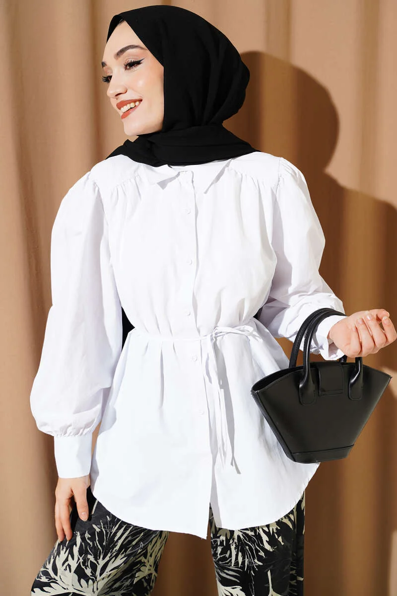 Balloon Sleeve Tie Detail Tunic White al por mayor tunic - Hicabistan fábrica Turquía
