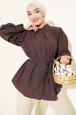 Balloon Sleeve Tie Detail Tunic Brown