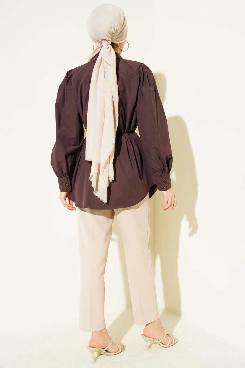 Balloon Sleeve Tie Detail Tunic Brown - Image 3