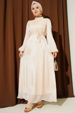 Balloon Sleeve Belted Chiffon Evening Dress Beige