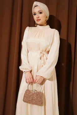 Alternative view of Balloon Sleeve Belted Chiffon Evening Dress Beige
