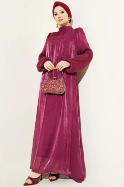 Balloon Sleeve Belted Chiffon Evening Dress Burgundy