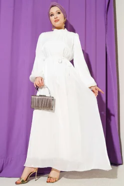 Balloon Sleeve Belted Chiffon Evening Dress Ecru