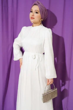 Alternative view of Balloon Sleeve Belted Chiffon Evening Dress Ecru
