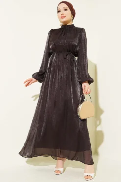 Balloon Sleeve Belted Chiffon Evening Dress Brown