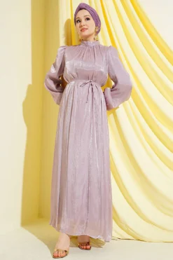 Balloon Sleeve Belted Chiffon Evening Dress Lilac