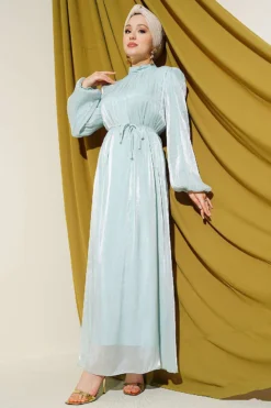 Balloon Sleeve Belted Chiffon Evening Dress Mint