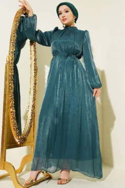 Balloon Sleeve Belted Chiffon Evening Dress Petrol