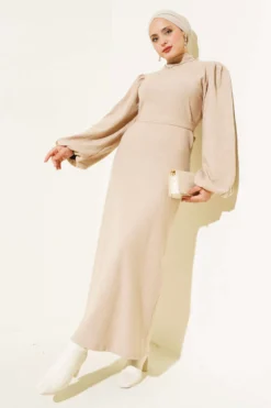 Alternative view of Balloon Sleeve Belted Ribbed Dress Beige