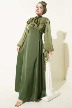 Balloon Sleeve Mini Embellished Evening Dress Khaki
