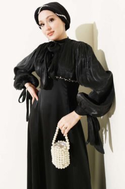 Balloon Sleeve Mini Embellished Evening Dress Black