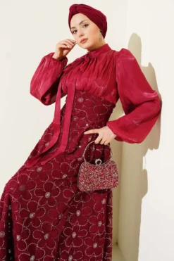 Balloon Sleeve Sequin Floral Evening Dress Burgundy wholesale dress view 2 - Hicabistan Turkey factory