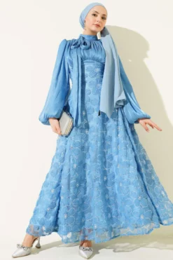 Balloon Sleeve Sequin Floral Evening Dress Indigo wholesale dress - Hicabistan Turkey factory
