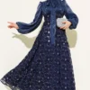 Balloon Sleeve Sequin Floral Evening Dress Navy Blue wholesale dress - Hicabistan Turkey factory