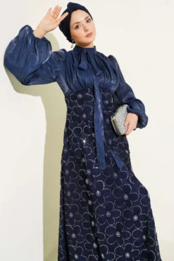 Balloon Sleeve Sequin Floral Evening Dress Navy Blue wholesale dress view 2 - Hicabistan Turkey factory
